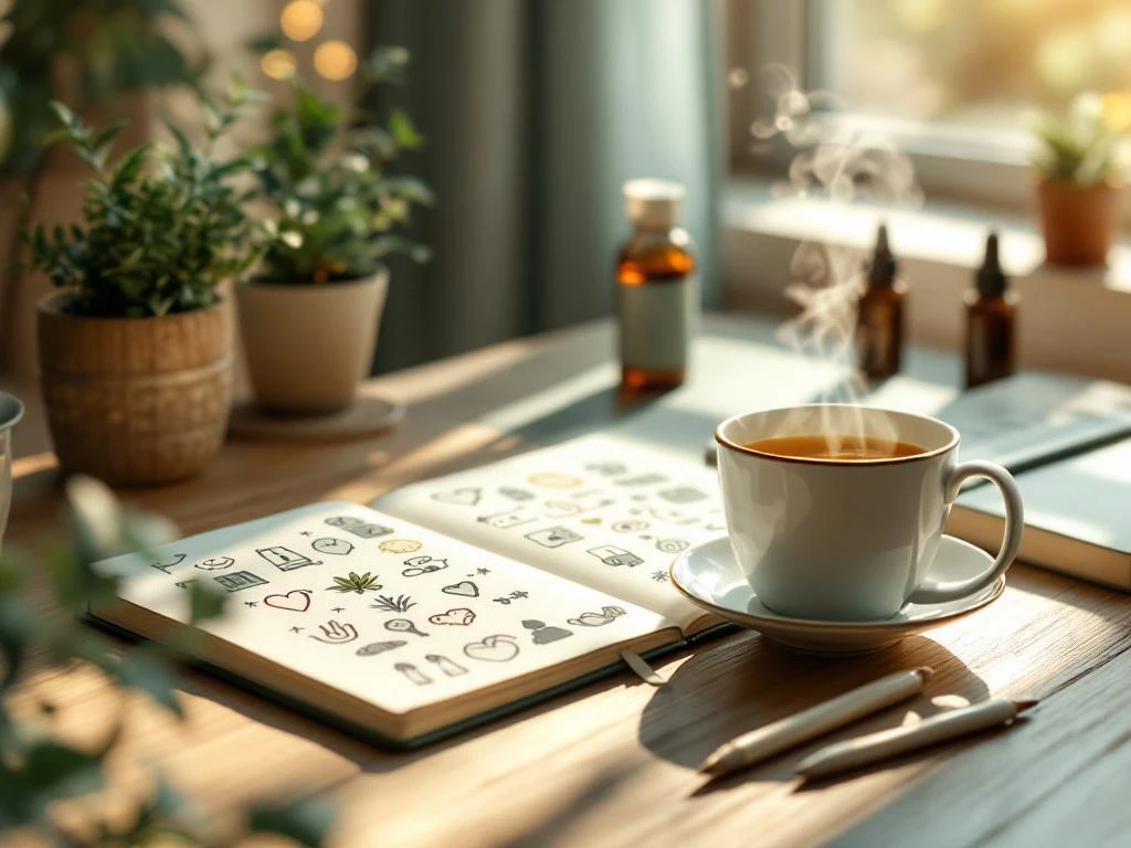 Houten bureau met open notitieboek vol wellness-iconen, kruidenthee, vetplant en natuurlijk licht voor stressverlichting