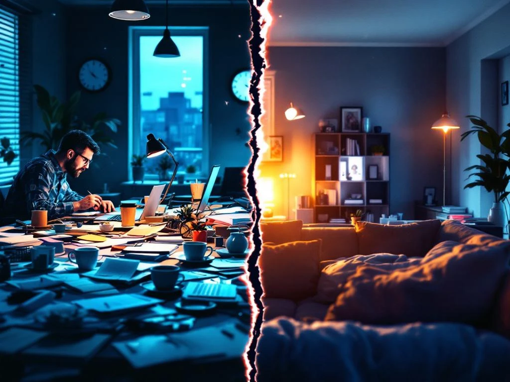 Gesplitst scherm toont contrast tussen chaotische werkplek met laptop en papieren links en serene woonkamer rechts