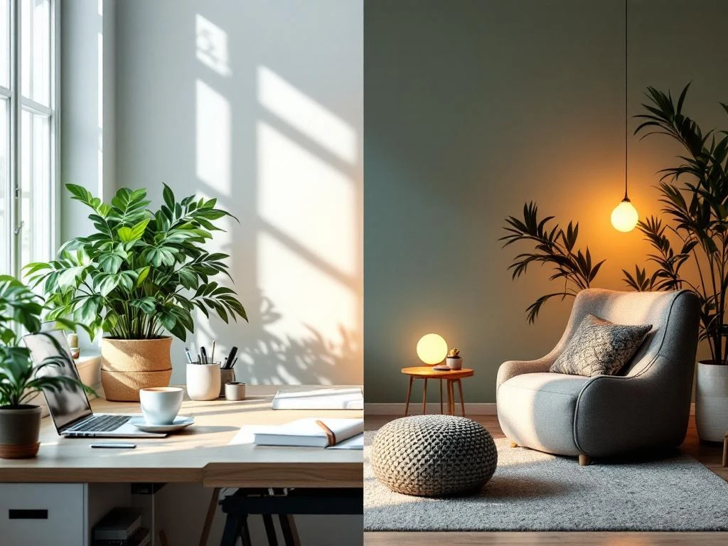 Werk-leven balans illustratie met kantoorwerkplek links en comfortabele thuisomgeving rechts, verbonden door vloeiende lijnen