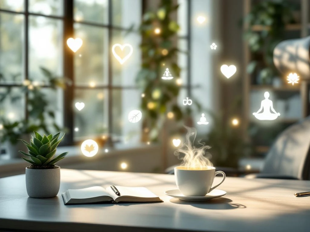 Serene kantoorwerkplek met natuurlijk licht, bureau met plant en thee, wellness iconen, kalme blauwe en groene tinten