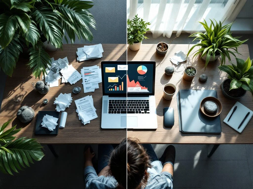 Kantoorbureau met chaotische werkplek vol stress tegenover rustige hoek met planten en mindfulness elementen