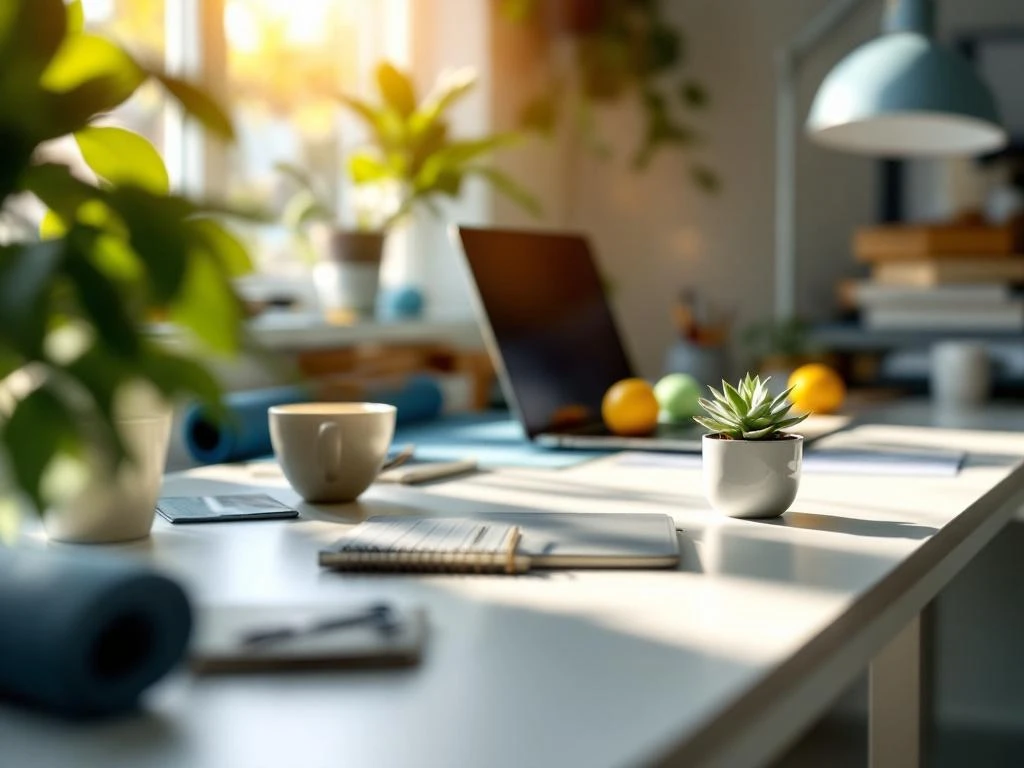 Rustige kantoorwerkplek met laptop, plant en wellness items op wit bureau in natuurlijk zonlicht