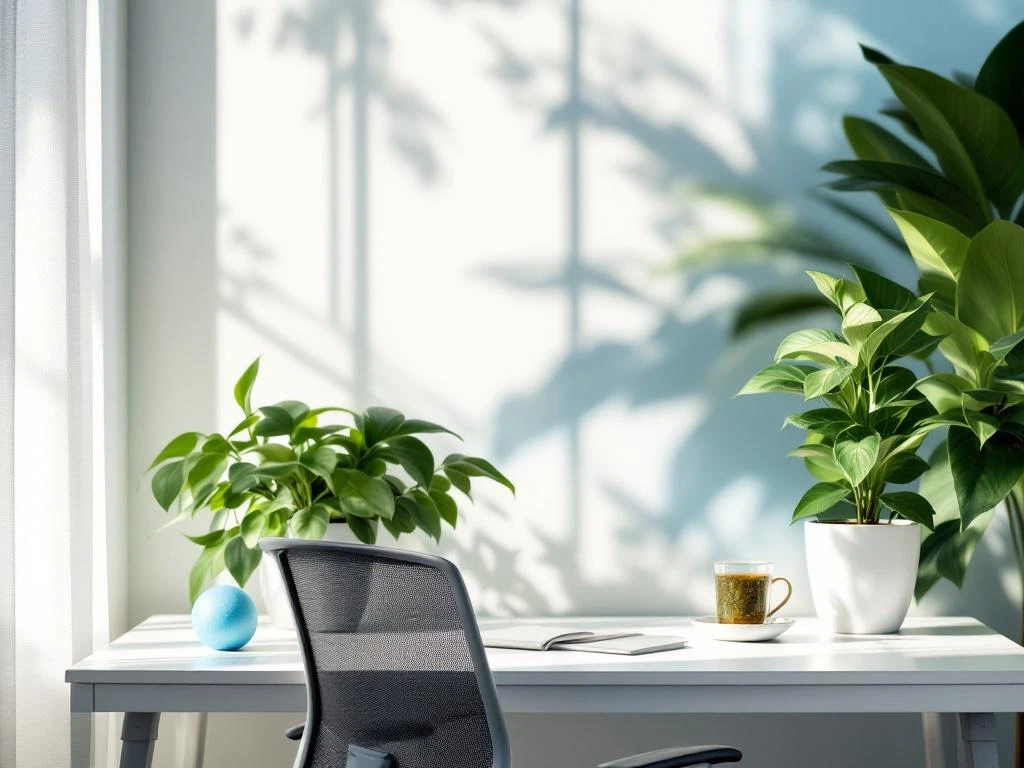 Rustige kantoorwerkplek met ergonomische stoel, groene plant, thee en natuurlijk licht voor mentaal welzijn