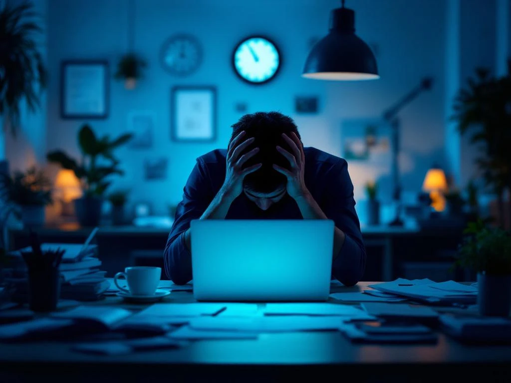 Gestresste persoon werkt laat op kantoor met laptop, stapels papieren en koffiekopjes, met kalme groene accenten