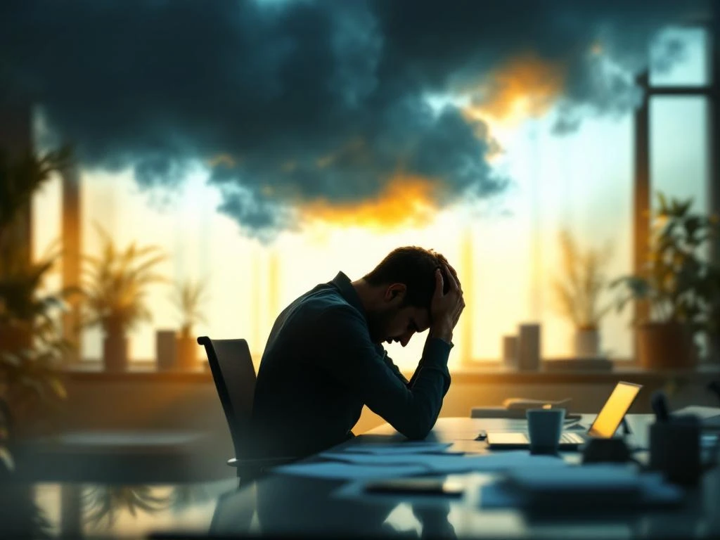 Gestresste professional aan bureau omringd door donkere wolken, met warm gouden licht dat hoop en mentale genezing symboliseert