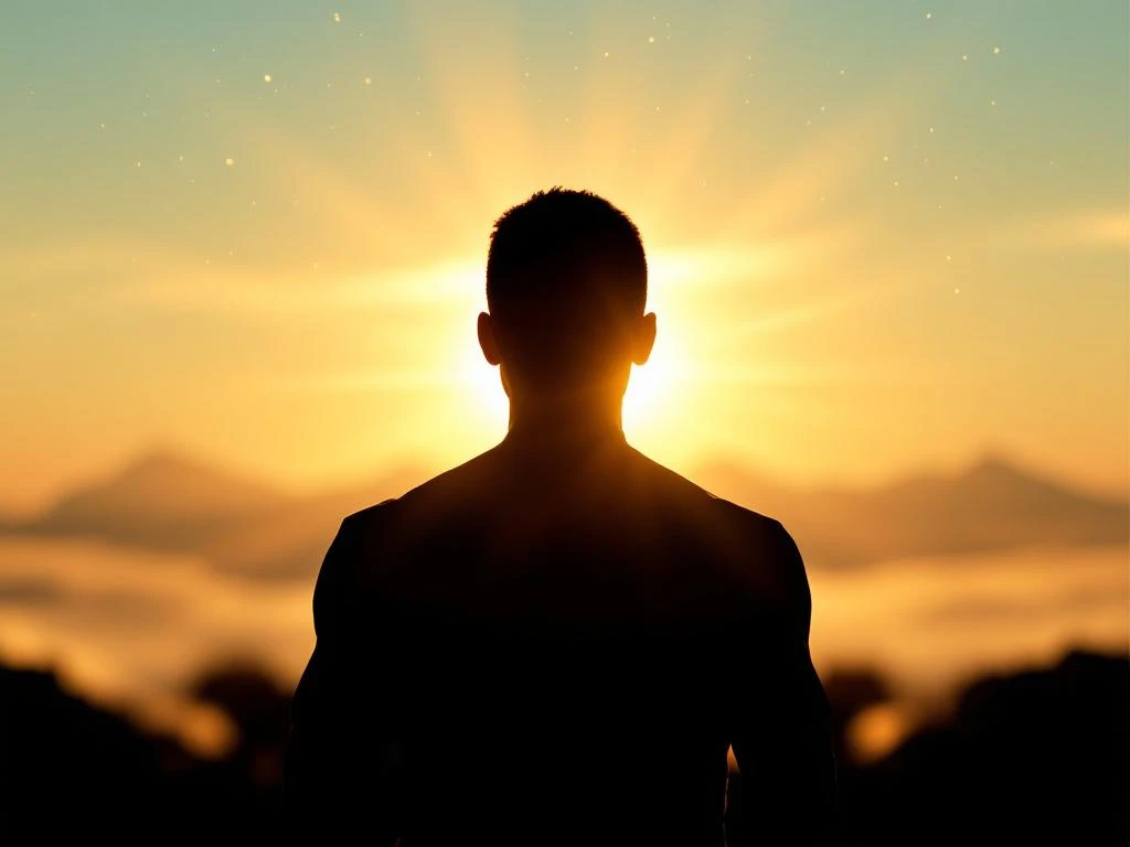 Silhouet van zelfverzekerde persoon met gekruiste armen tegen gouden zonsopgang, straalt kracht en mentaal welzijn uit