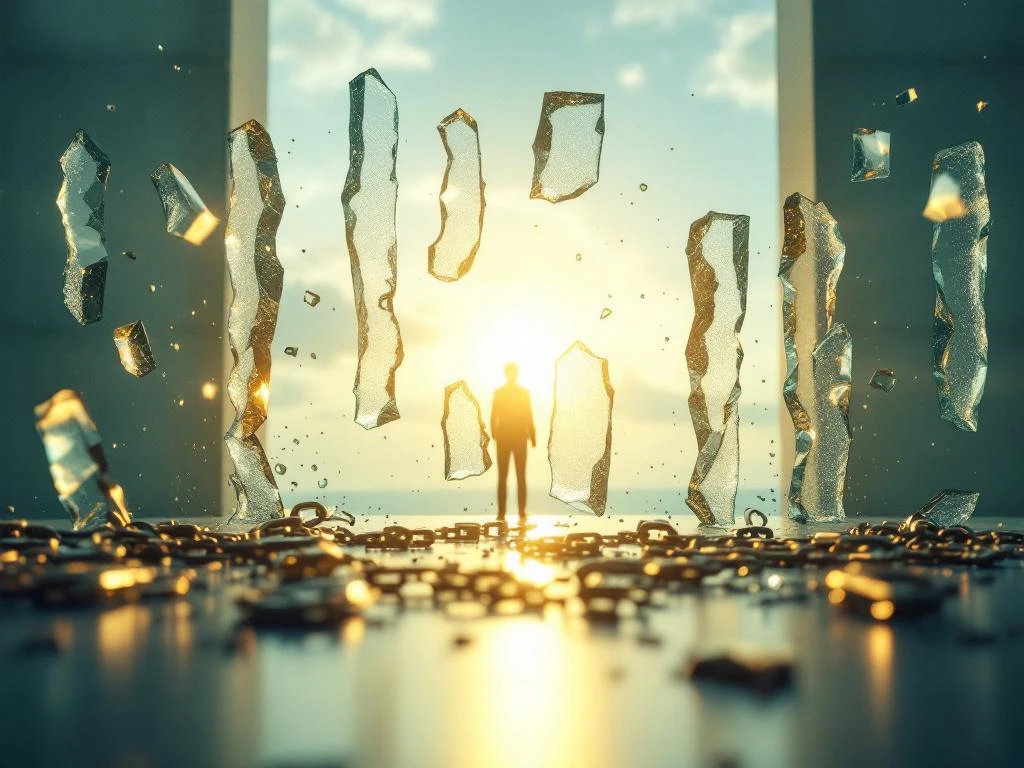 Zes glazen barrières die verbrijzelen met gouden licht, gebroken ketens op voorgrond, pad naar heldere horizon