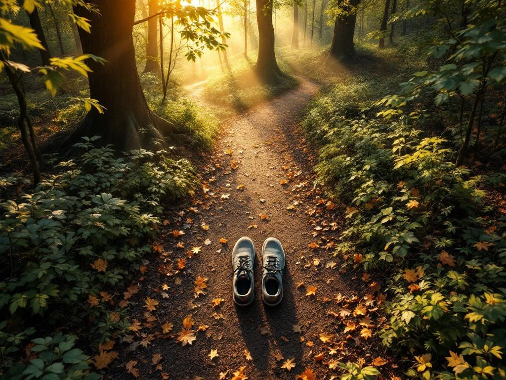 Loopschoenen naast meditatieplaats op bospad met herfstbladeren en ochtendlicht door bomen