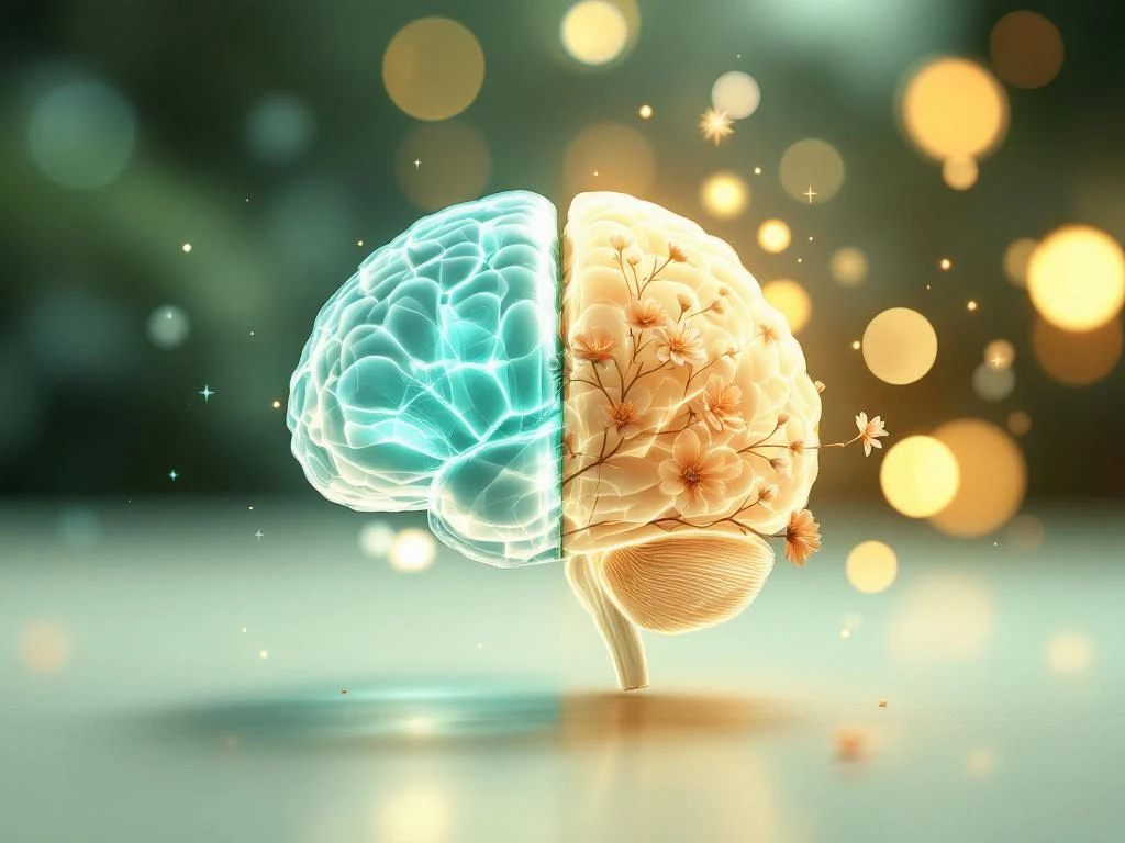Hersenen in twee helften: links klinisch met blauw licht, rechts bloeiend met bloemen en gouden gloed