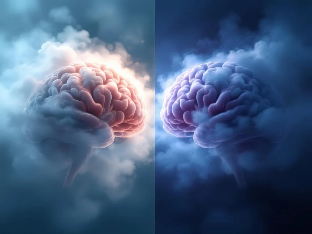 Hersenen in twee stadia: links met lichte vermoeidheid in amber licht, rechts omhuld door donkere storm wolken.