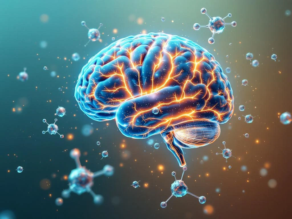 Doorzichtige menselijke hersenen met verlichte neurale paden en zwevende moleculaire structuren van stresshormonen