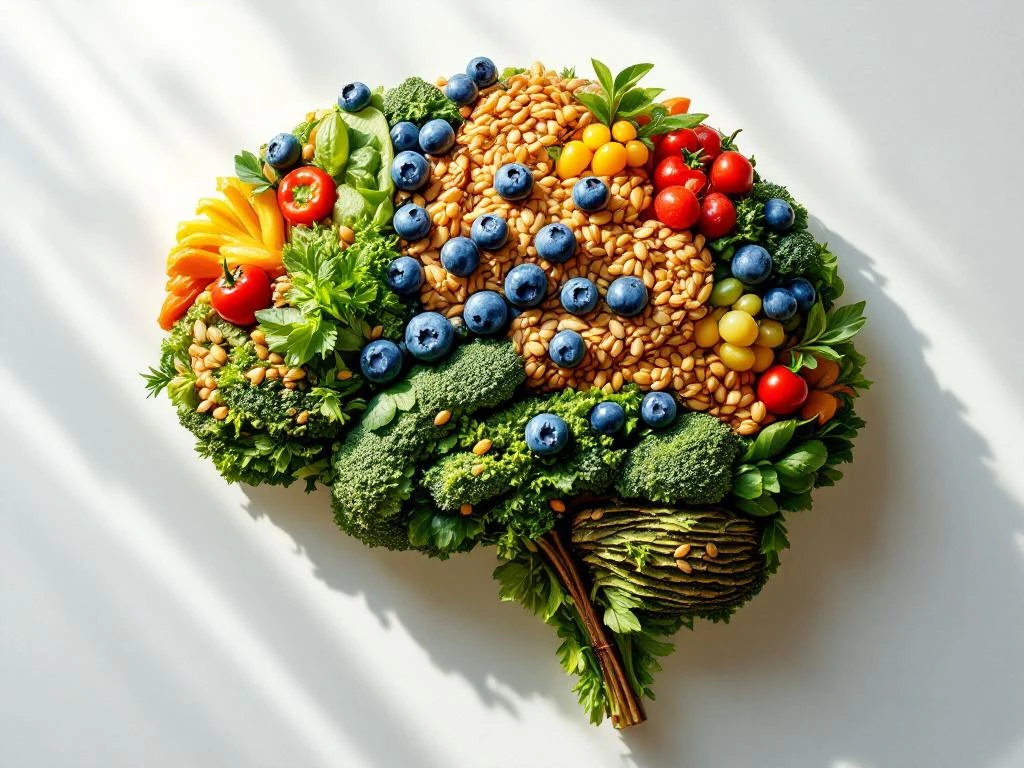 Menselijk brein gemaakt van groenten, fruit en zaden op witte ondergrond, bovenaanzicht met natuurlijk licht
