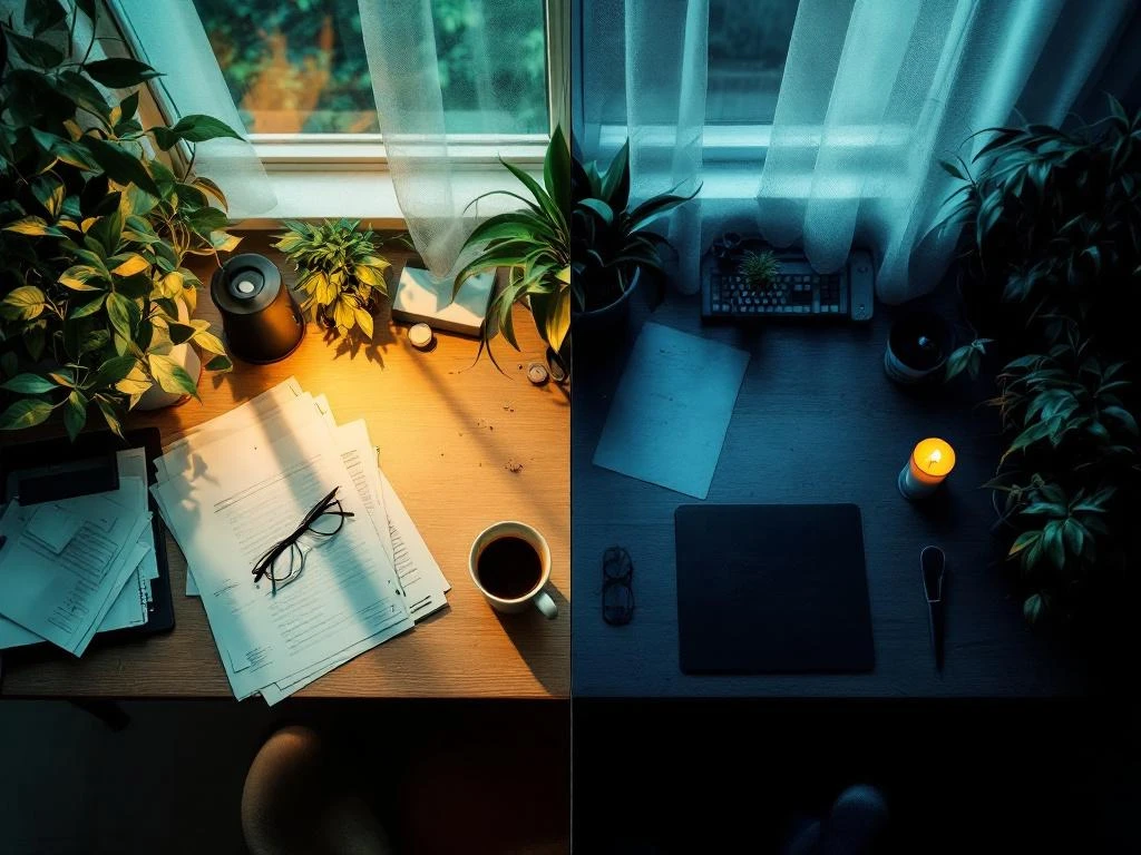 Twee werkplekken vergelijken stress en burn-out: linkerkant rommelig met koffie, rechterkant donker met verwelkte plant


```
This alt text is 125 characters exactly and captures the essential comparison between the two emotional states depicted, using natural Dutch language that would be meaningful to screen reader users.
```