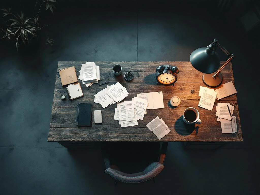 Leeg bureau met koffiekop, papierwerk en klok die late uren toont in slecht verlicht kantoor met lange schaduwen