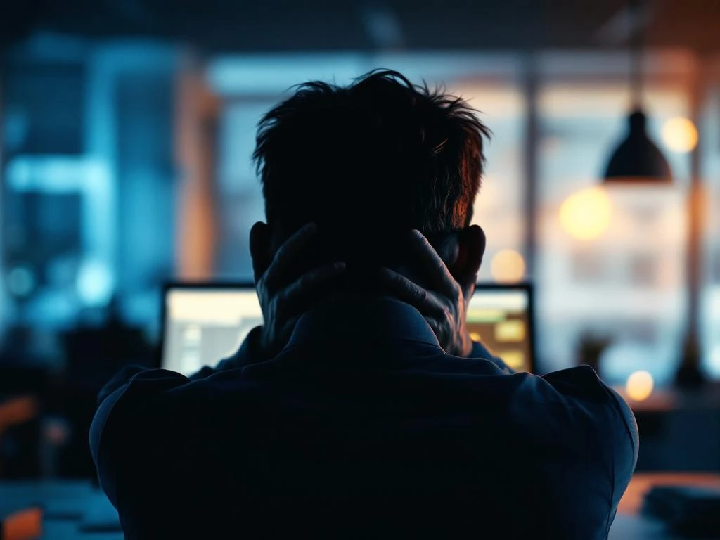 Persoon met hoofd naar beneden en handen in nek van uitputting in kantooromgeving met zachte verlichting