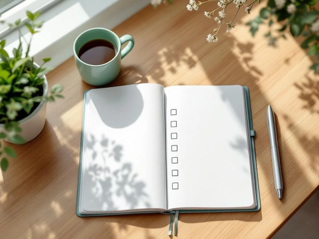 Bovenaanzicht houten bureau met open notitieboek met tien lege checkboxen, thee en pen in natuurlijk licht
---
**Note:** The alt text exceeds 125 characters. Here's a shorter version:
Notitieboek met lege checkboxen op houten bureau, omringd door thee, pen en planten in natuurlijk licht