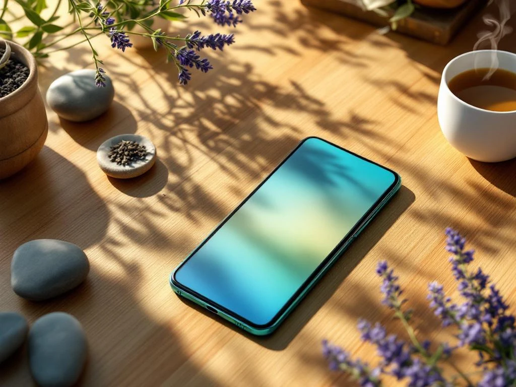 Smartphone met kalmerend blauwgroen scherm op houten bureau omringd door lavendel, thee en meditatie-elementen
