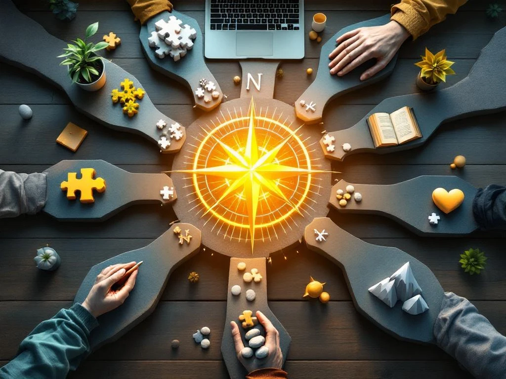 Acht paden met symbolische elementen convergeren naar een gouden kompasroos in het centrum, mental healthcare concept
---
Let me provide a better version that stays under 125 characters:
Acht symbolische paden convergeren naar gouden kompasroos, mental healthcare en doelgerichte richting concept