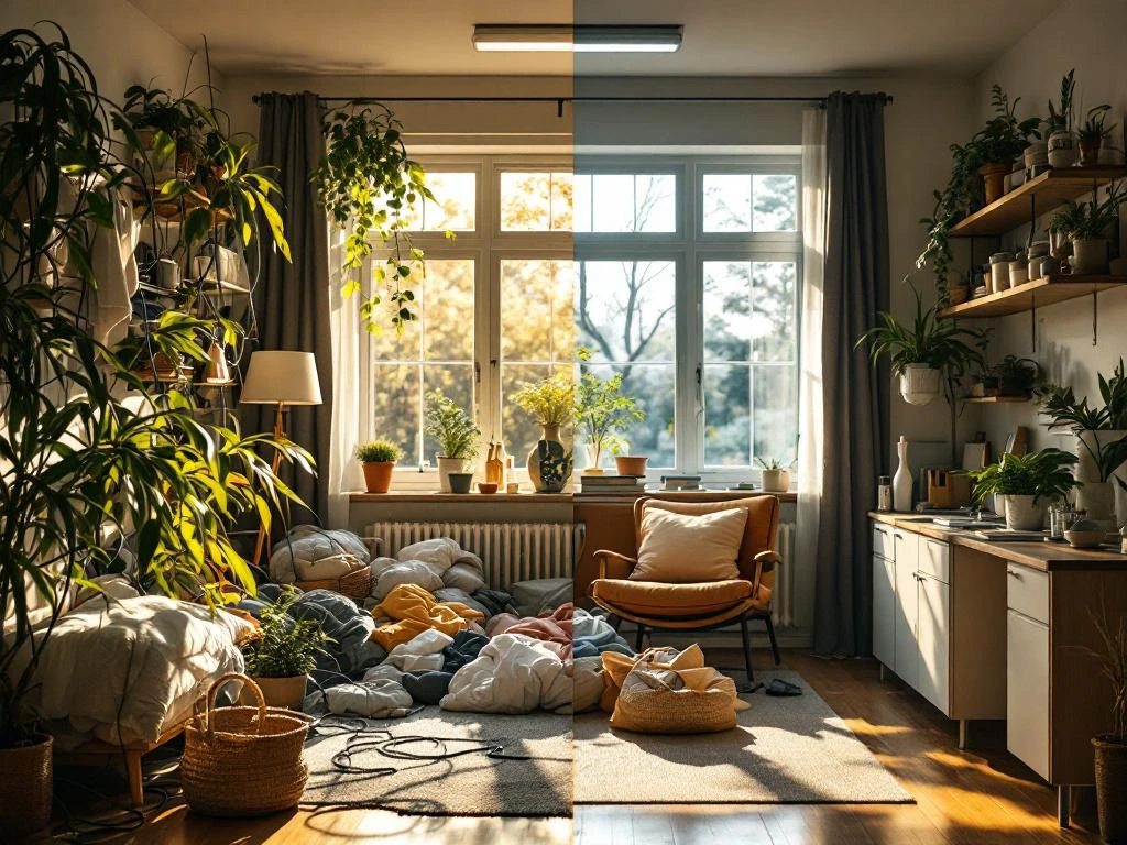 Georganiseerde en rommelige huiskamer naast elkaar, contrast tussen chaos en rust met natuurlijk licht en aardse tinten