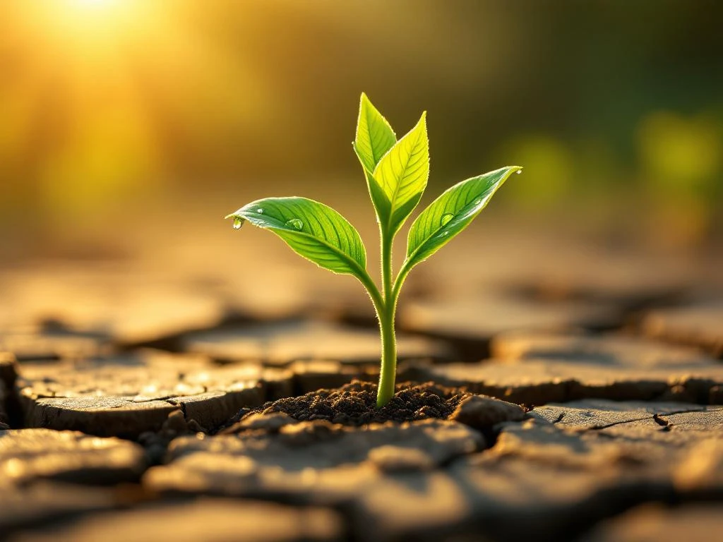 Groen plantenscheut doorbreekt droge, gebarsten aarde met waterdruppels in gouden ochtendlicht