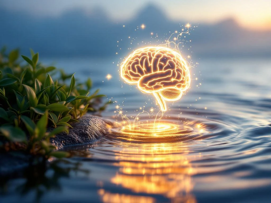 Gloeiend gouden hersensilhouet boven kalm water met planten, symboliseert mentale balans en groei