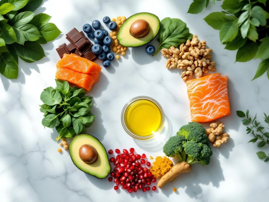 Tien hersenversterkende voedingsmiddelen zoals zalm, walnoten, blauwe bessen en avocado in cirkel op wit marmer