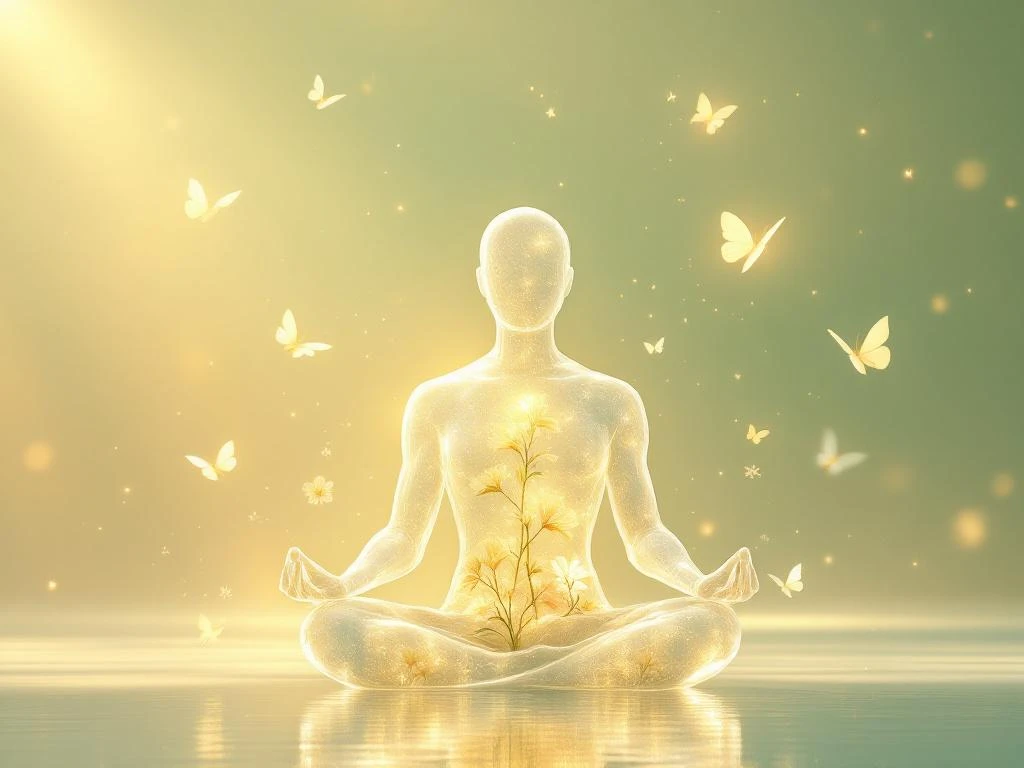 Glazen menselijke silhouet in meditatiehouding gevuld met gouden licht, bloemen en vlinders symboliseert mentale groei