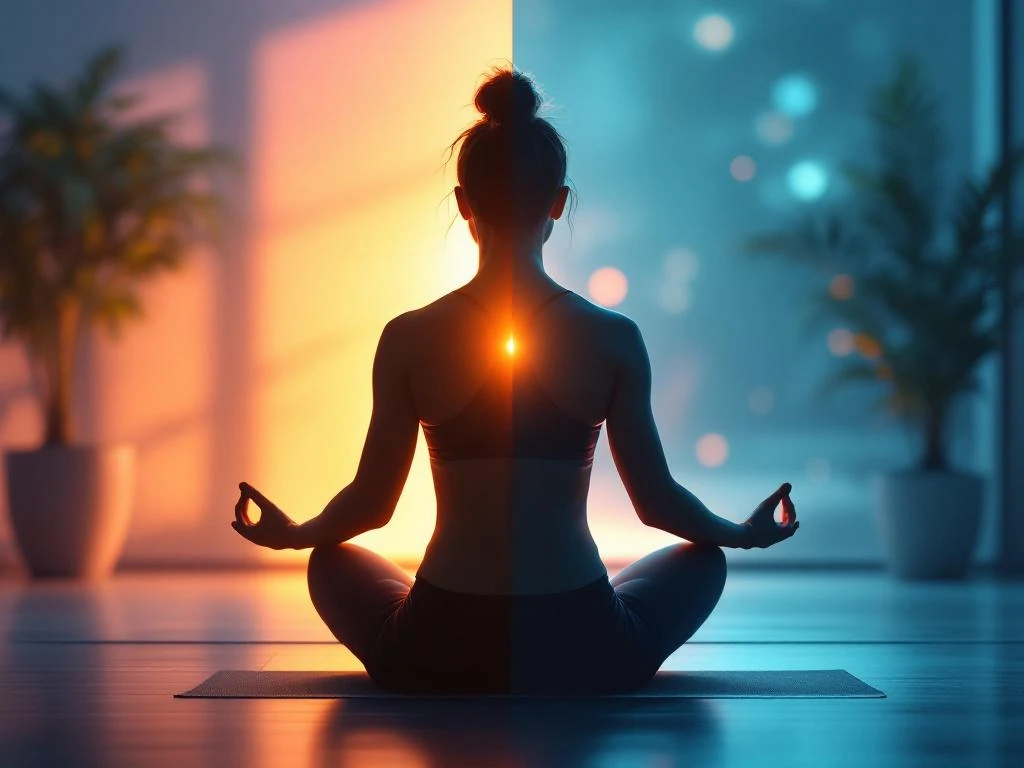 Persoon in lotushouding en workout pose in gesplitste scène met blauw-paarse en oranje tinten voor geest-lichaam balans