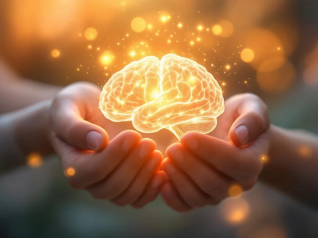 Handen die een gloeiend gouden brein vasthouden bij zonsopgang, symbool voor mentale helderheid en positieve transformatie