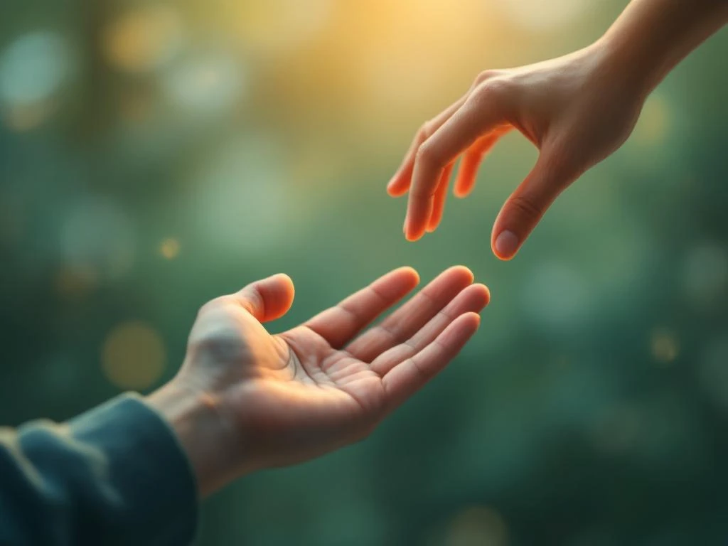 Twee handen reiken naar elkaar in steungebaar met warme verlichting en kalme groene tinten