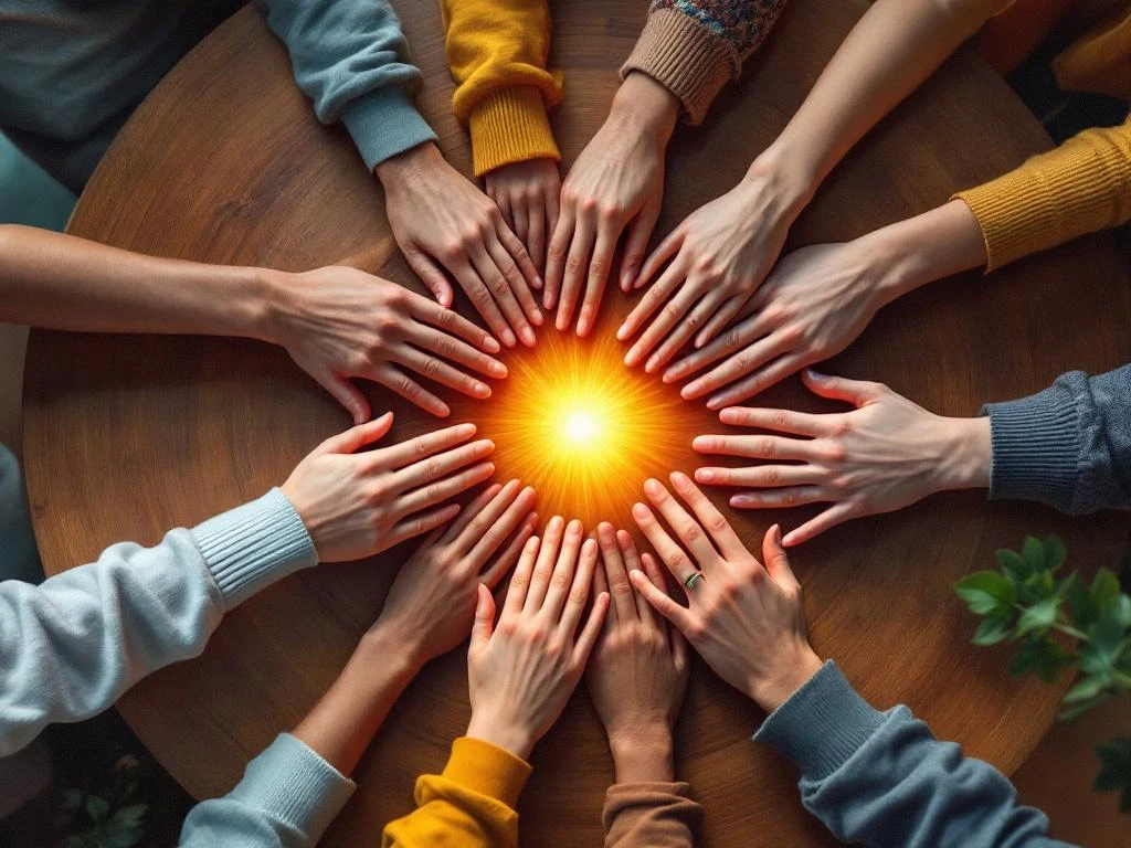 Diverse handen reiken naar elkaar boven houten tafel met gouden licht, symbool voor mentale gezondheid en verbinding