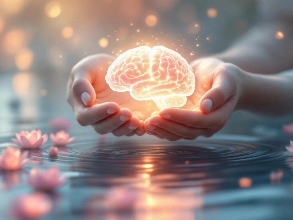 Handen houden gloeiend brein boven water met lotusbloemen, symbool voor mentale gezondheid en helderheid