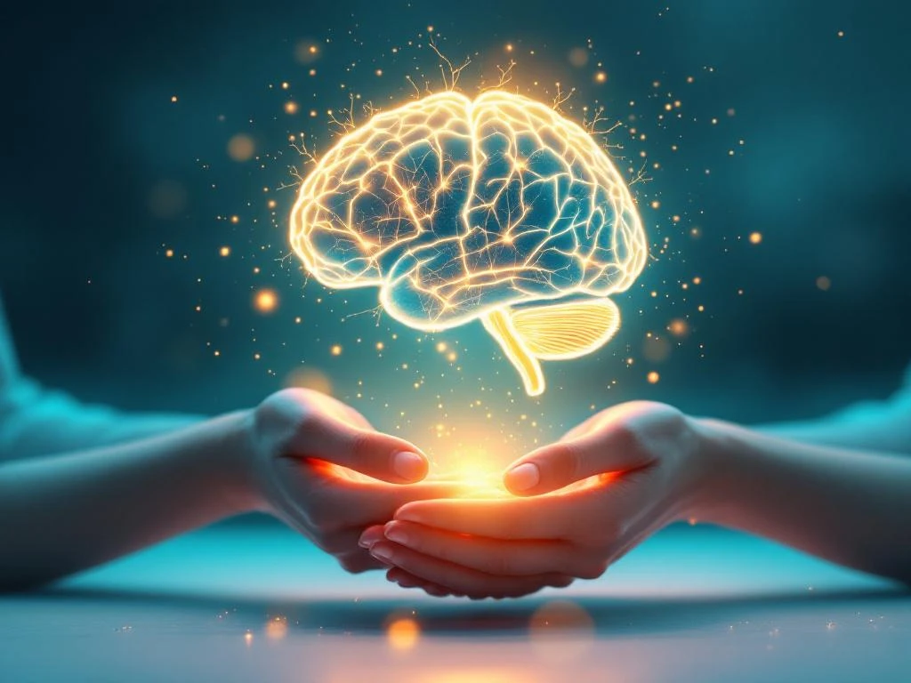 Gloeiend gouden hersensilhouet boven beschermende handen, symboliseert geestelijke gezondheidszorg en welzijn