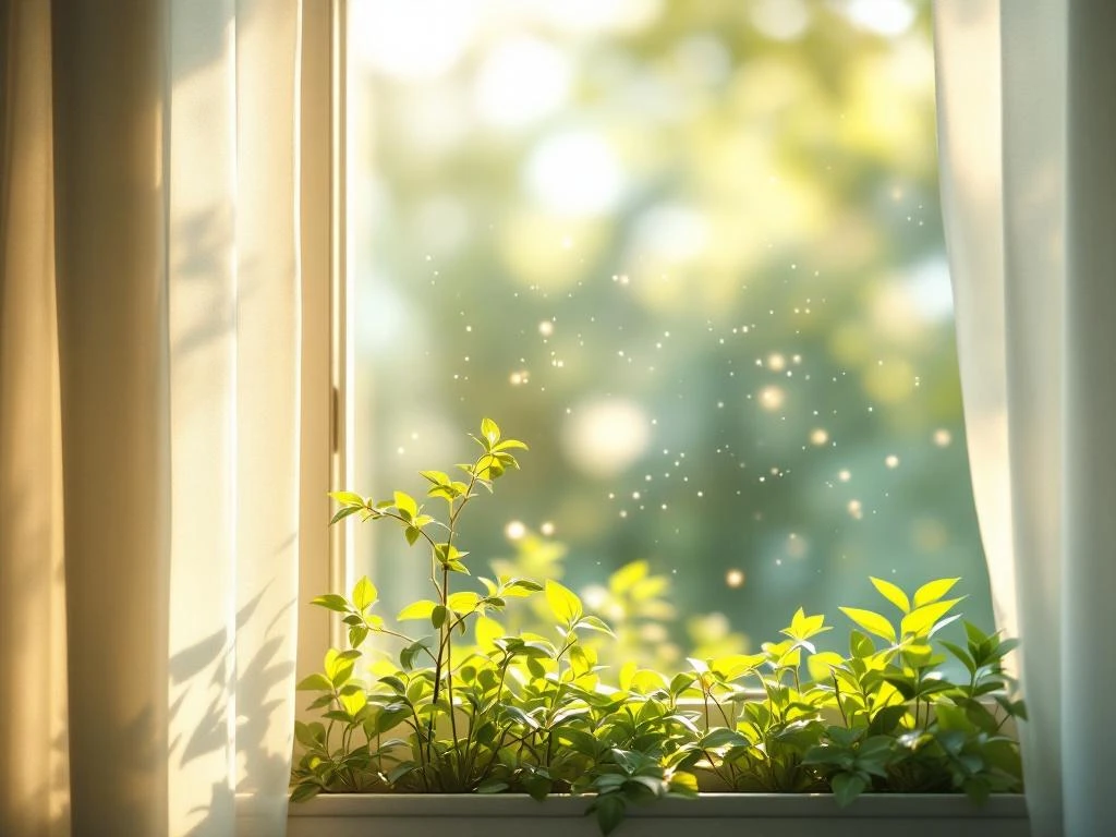 Open raam met ochtendlicht door gordijnen, groene planten op vensterbank, rustgevende sfeer voor mentaal welzijn