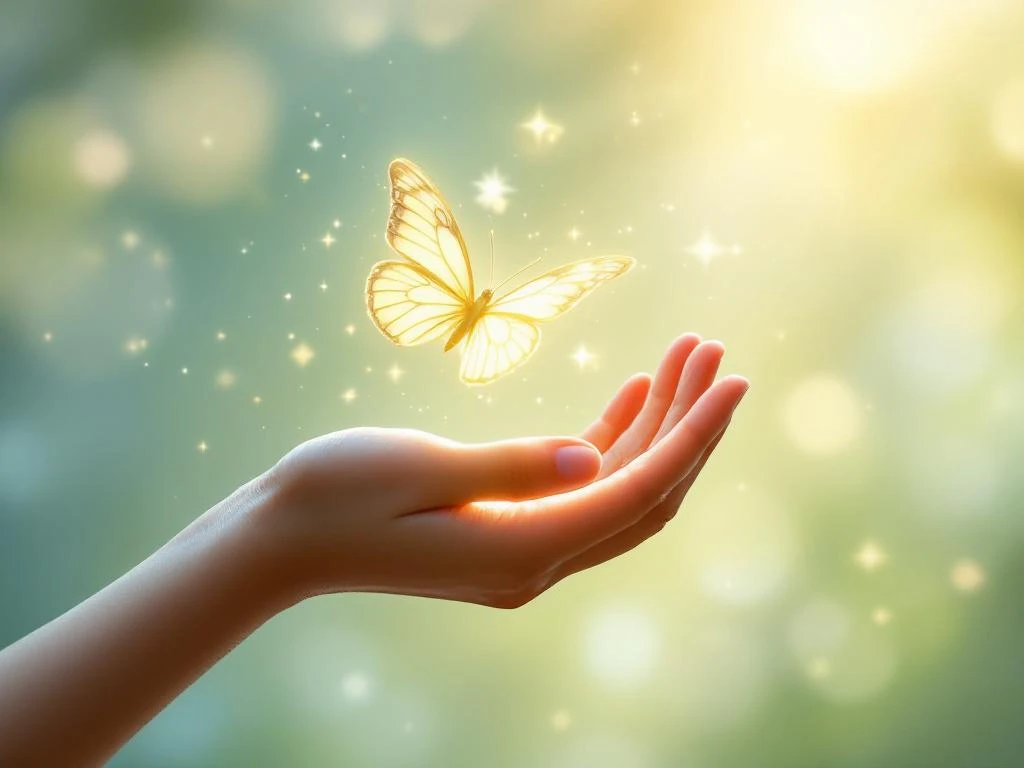 Hand die gloeiende vlinder loslaat in ochtendlicht, symbool voor mentale vrijheid en groei in therapeutische setting