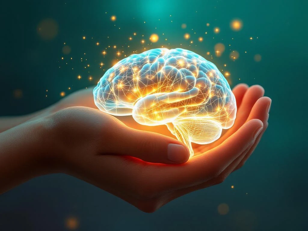Twee handen beschermen een gloeiend gouden brein tegen een teal-koraal achtergrond, symbool voor mentale gezondheidszorg
