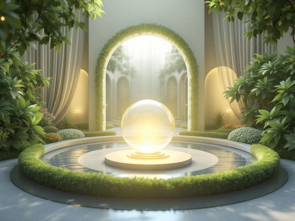 Zes beschermende barrières rond een stralend centrum, symboliseert mentale rust en welzijn in zachte natuurlijke kleuren.