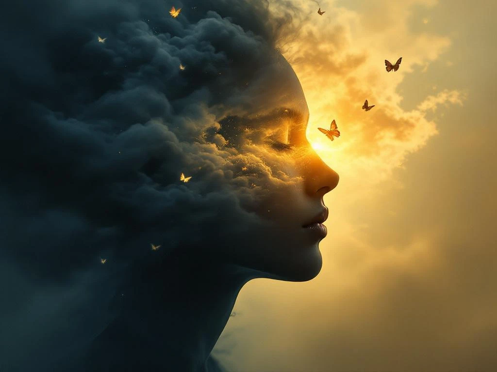 Menselijk silhouet lost op in stormwolken en transformeert naar gouden licht met vlinders, symboliseert mentale transformatie