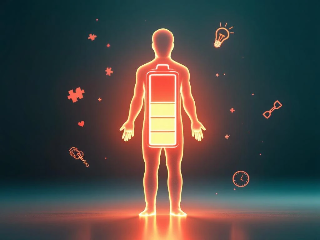 Transparante menselijke silhouet met rode batterij-indicator omringd door zeven waarschuwingssymbolen voor mentale uitputting