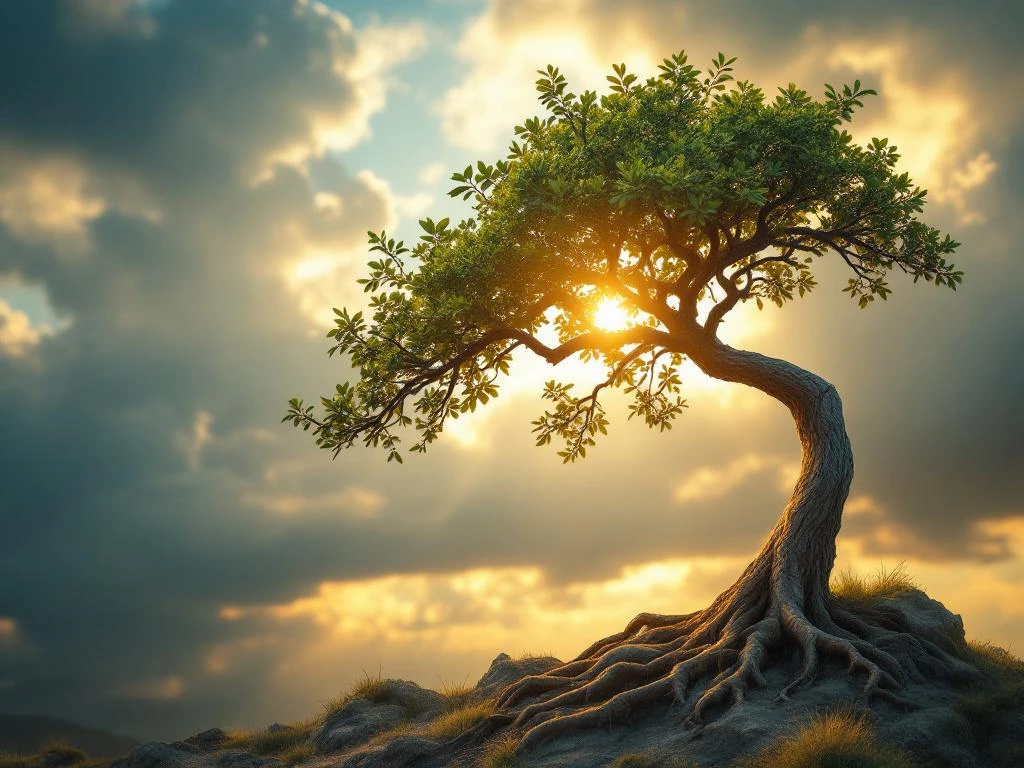 Jonge boom buigt in sterke wind maar blijft geworteld, symbool voor veerkracht en mentale kracht bij tegenslagen.