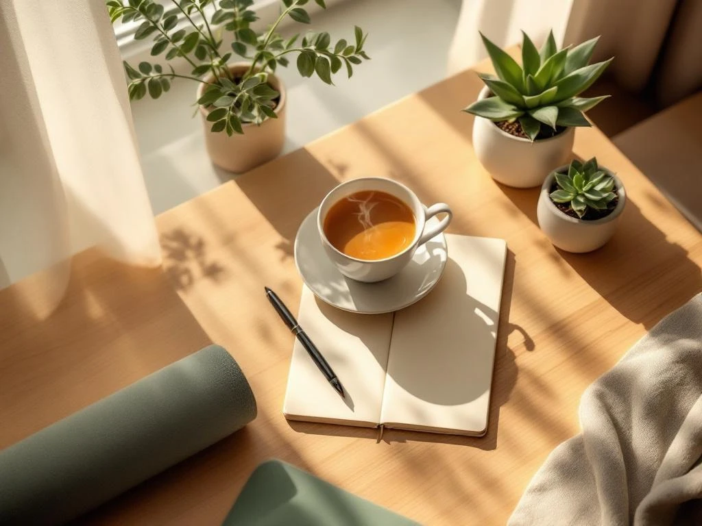 Bovenaanzicht van ochtend wellness ritueel met thee, dagboek, plant en yogamat in warm zonlicht op houten tafel