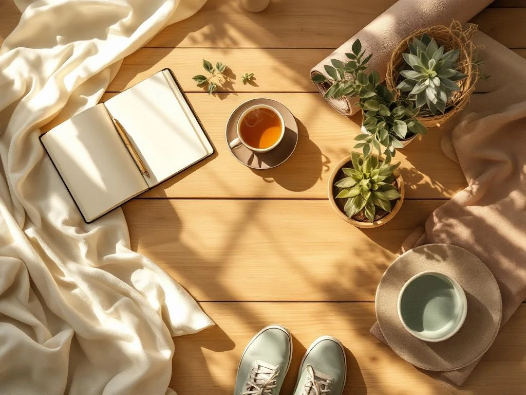 Bovenaanzicht van acht wellness-elementen in spiraal op houten tafel: thee, dagboek, yogamat, plant en ontbijt in ochtendlicht