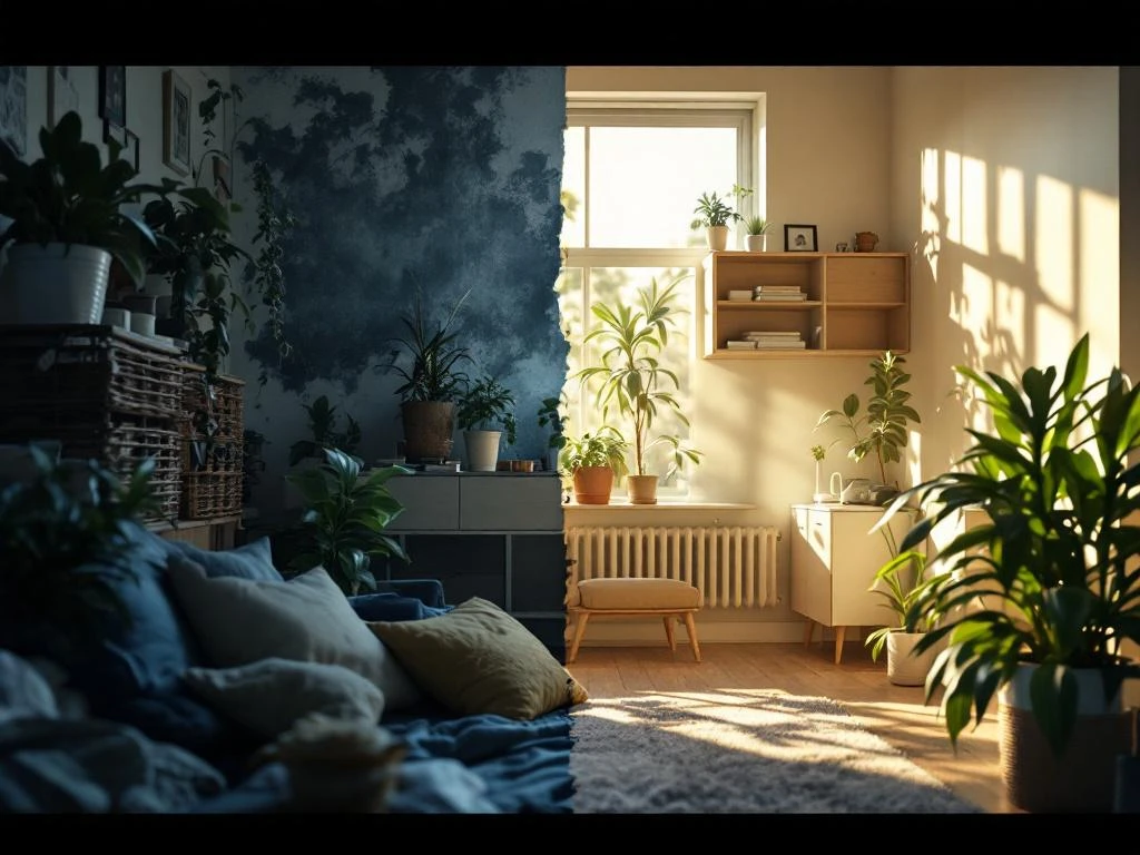 Gesplitste weergave van rommelige donkere kamer versus lichte georganiseerde ruimte met planten en natuurlijk licht