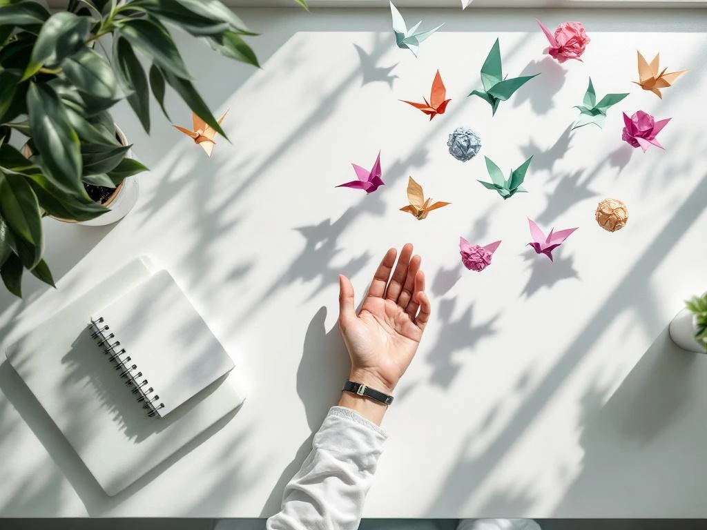 Hand laat verfrommeld papier los dat transformeert in origami vogels, symboliseert loslaten van perfectionisme