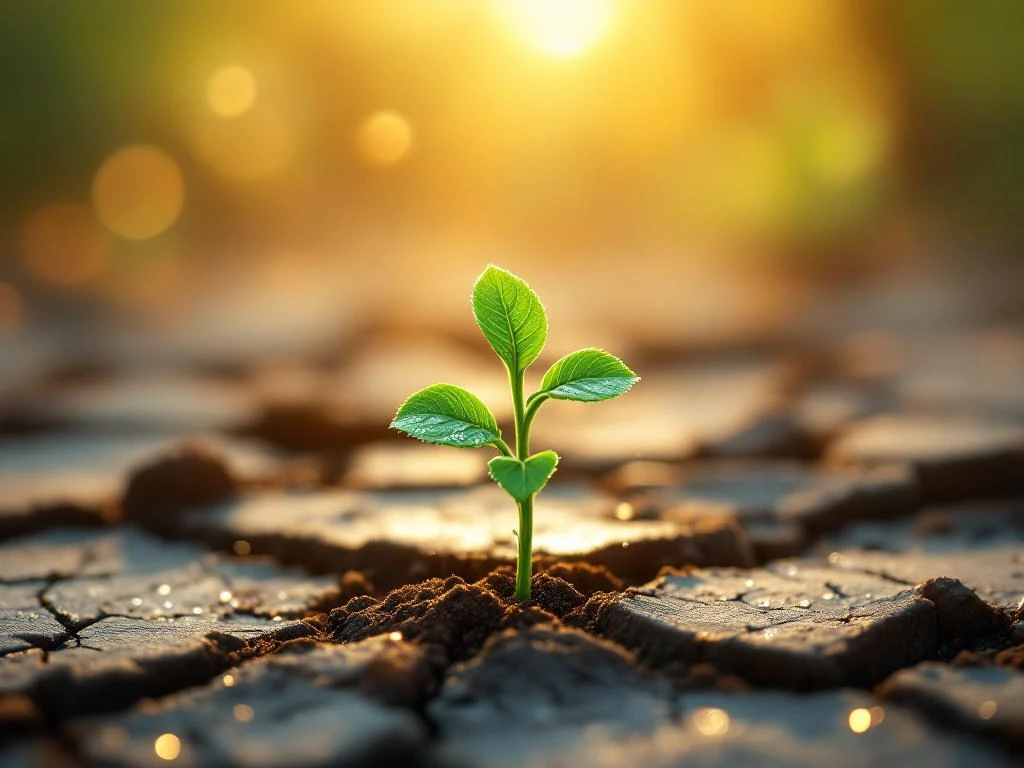 Jonge groene plantenscheut doorbreekt droge, gebarsten aarde in warm zonlicht, symbool voor groei en veerkracht.
