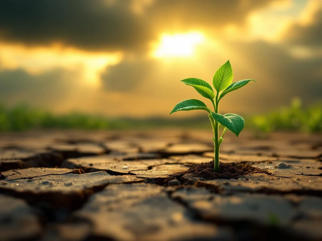 Jonge groene plant ontspruit door gebarsten droge aarde met zonlicht door stormwolken