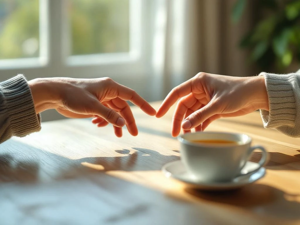 Twee handen reiken naar elkaar over houten tafel met kruidenthee, symboliseert communicatie in therapie setting