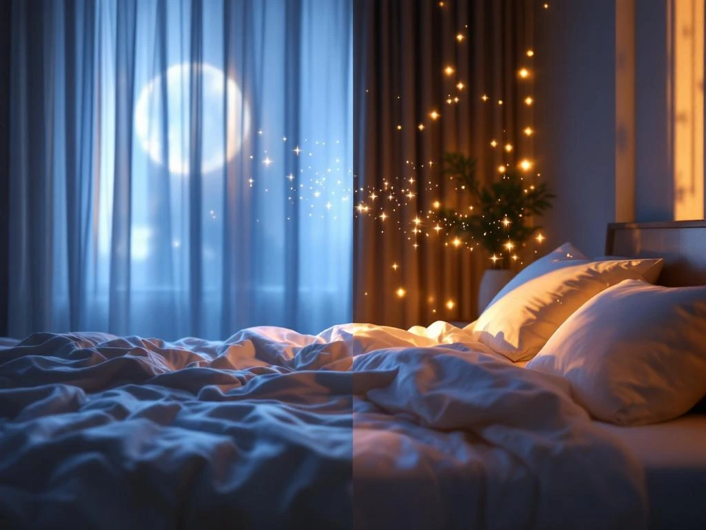 Slaapkamer dag-nacht vergelijking met maanlicht en ochtendzon, symboliseert geestelijke gezondheid en rust.