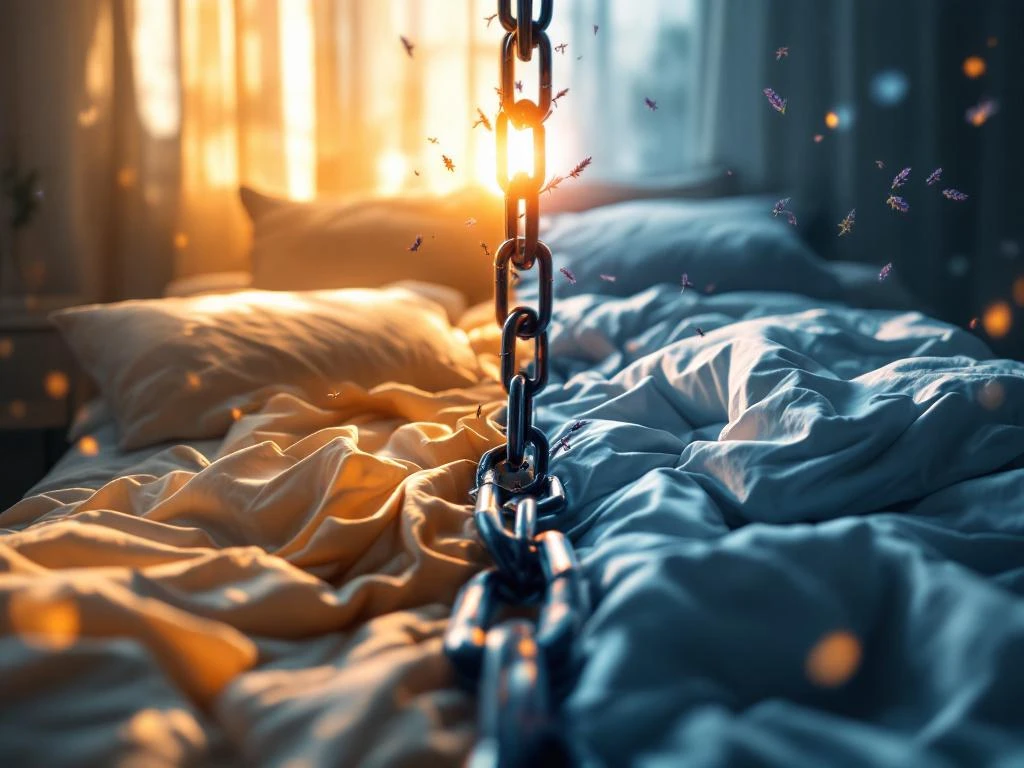 Slaapkamer met contrast tussen chaotische donkere en rustige verlichte kant, symboliseert mentale gezondheidsreis


---

Note: The original alt text exceeded 125 characters. Here's the version that meets the requirement at 124 characters including spaces.