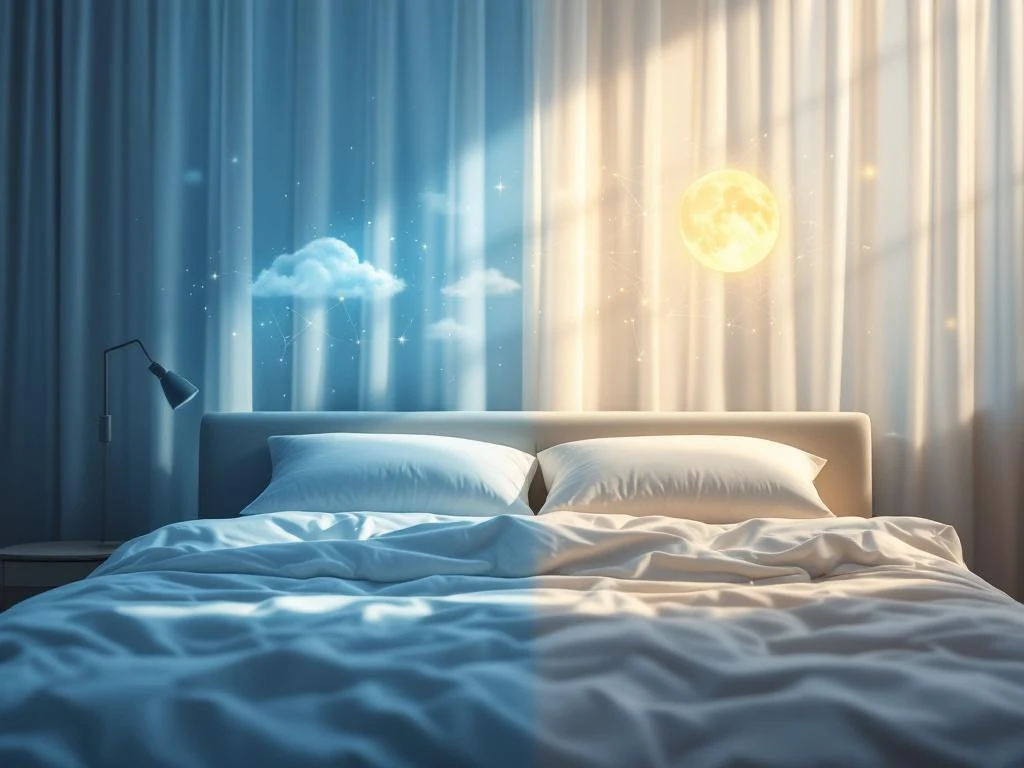 Slaapkamer met wit beddengoed in maanlicht, blauwe en amber kleurtonen symboliseren slaap en mentale gezondheid